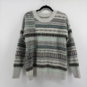 LOFT Womens M Sweater Grey Mint Green Fair Isle Crew Neck Pullover Winter Cozy